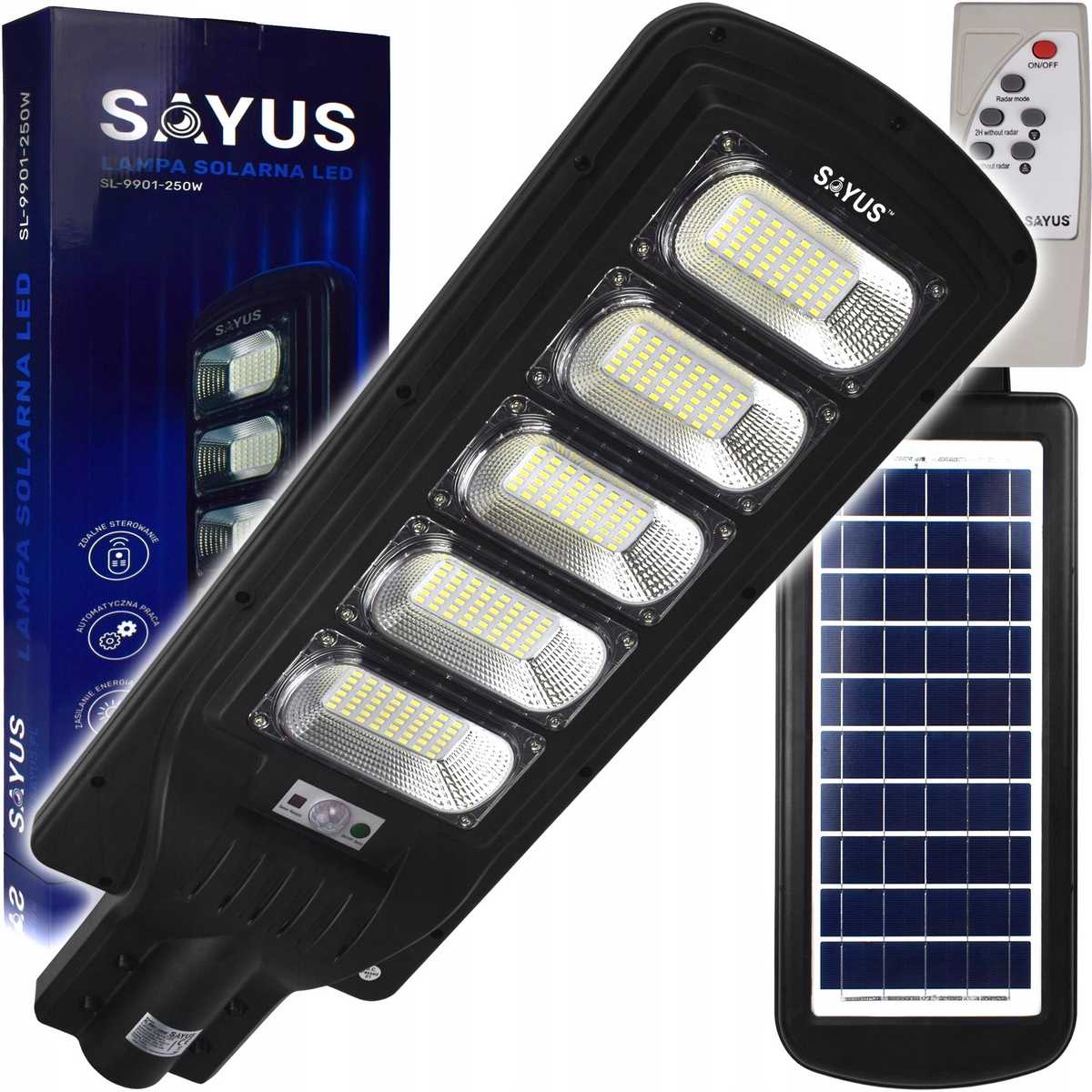 Pouličné svietidlo Sayus 1800 W 2400 lm na batérie, solárne napájanie